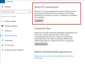 Windows 10 zurücksetzen geht nicht